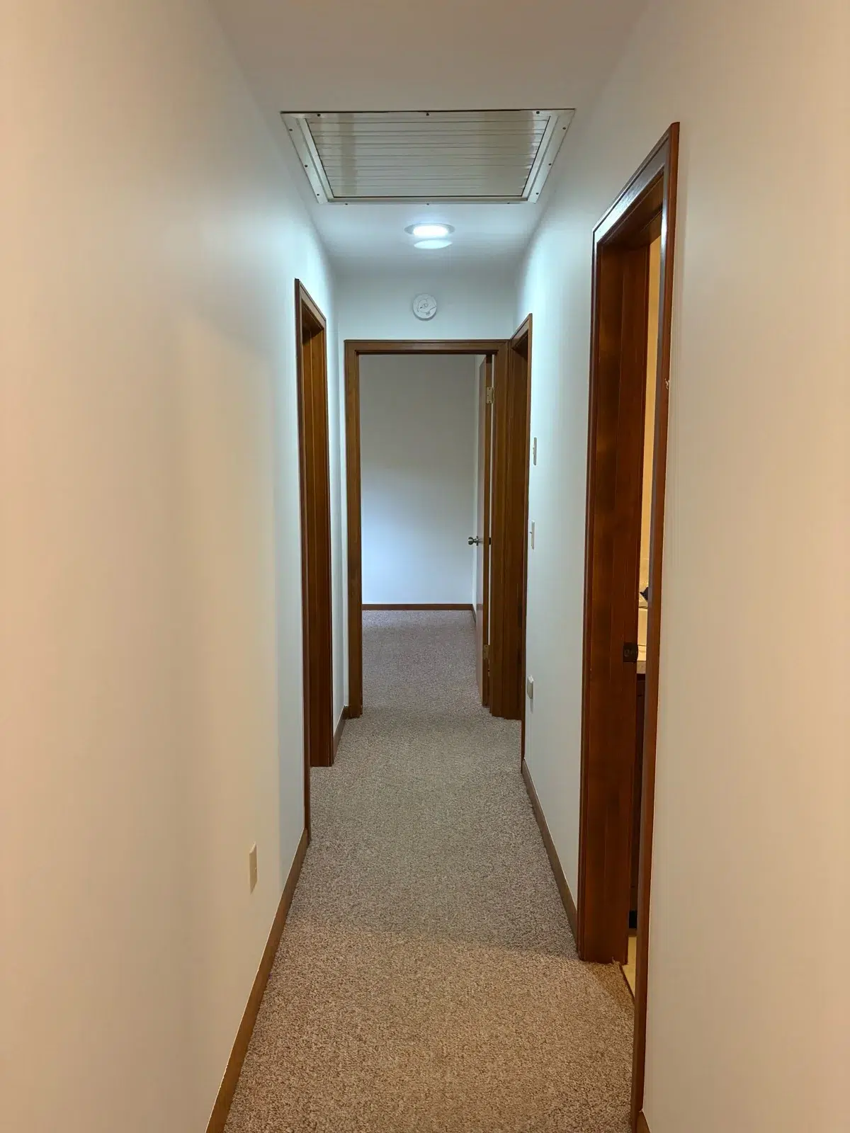 Cream Painted Residential Hallway Cream-painted residential hallway with dark wood-trimmed doors, beige carpet flooring, and ceiling light fixture